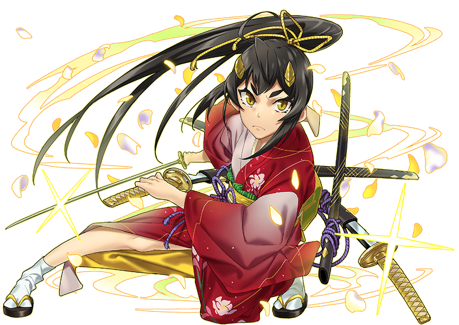 1girl, alpha_transparency, fighting_stance, floral_print, geta, glint, hair_ribbon, horns