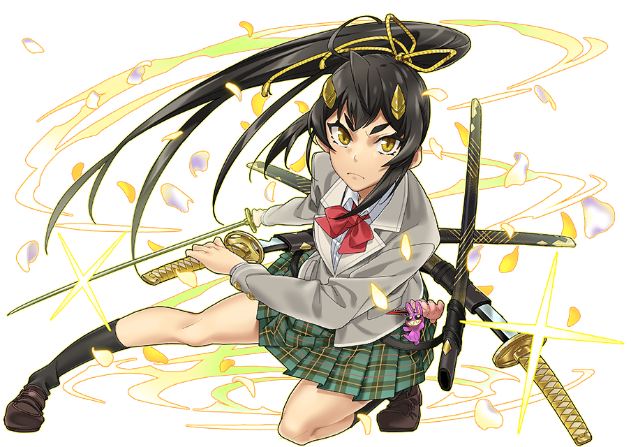 1girl, alpha_transparency, bow, fighting_stance, glint, green_skirt, hair_ribbon, horns