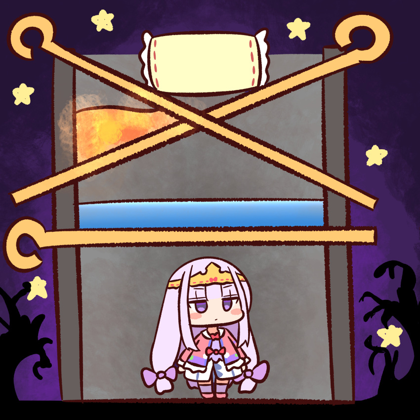 1girl, absurdres, aurora_sya_lis_kaymin, bangs, bare_tree, chibi, dress, escape_ad, eyebrows_visible_through_hair, hana_kazari, headpiece, hero_wars, highres, long_hair, maou-jou_de_oyasumi, molten_rock, parody, pillow, pink_dress, pink_footwear, purple_hair, purple_legwear, ribbon_trim, shoes, solo, standing, star_(symbol), thigh-highs, tree, very_long_hair, violet_eyes, water
