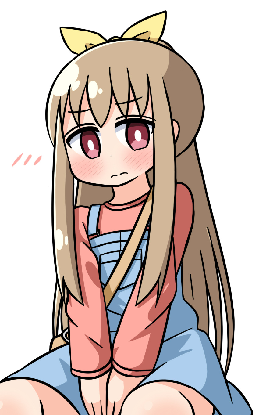 1girl, bag, bangs, blush, brown_hair, brown_shirt, closed_mouth, eyebrows_visible_through_hair