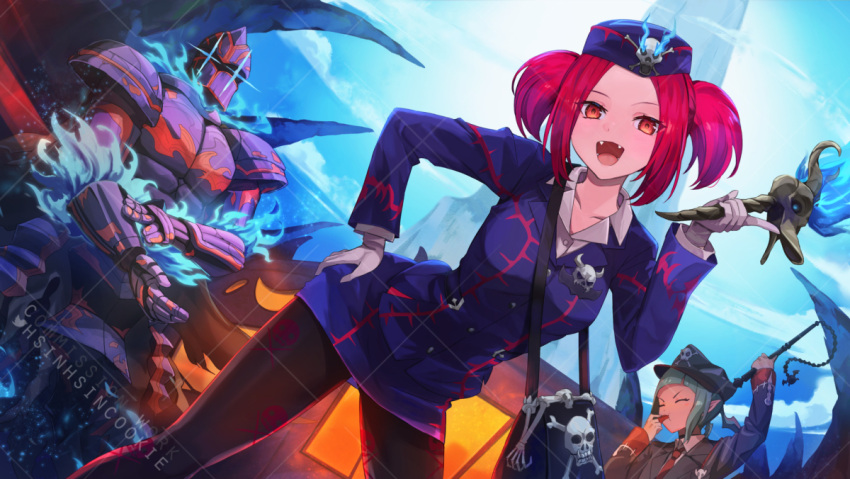 +_+, 2girls, armor, bag, beat_cop_from_the_underworld, blue_fire, collarbone, commission