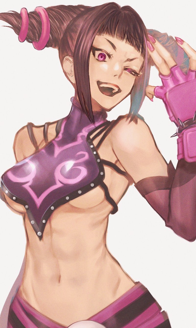 1girl, abs, bracelet, breasts, capcom, detached_sleeves, drill_hair, fingerless_gloves, gloves, halter_top, halterneck, han_juri, highres, hitsuji_kusa, jewelry, looking_at_viewer, navel, one_eye_closed, open_mouth, pink_eyes, pink_nails, solo, spiked_bracelet, spikes, street_fighter, street_fighter_iv_(series), twin_drills, under_boob, white_background