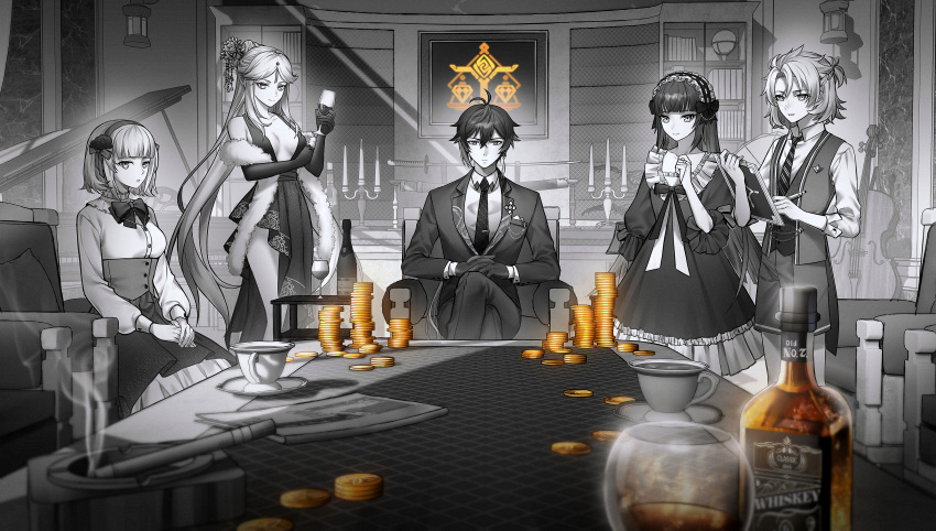 2boys, 3girls, absurdres, albedo_(genshin_impact), alcohol, alternate_costume, bangs, book, bookshelf, bottle, breasts, chair, clipboard, coin, crossed_legs, cup, dress, earrings, elbow_gloves, english_commentary, frills, genshin_impact, gloves, greyscale, hair_between_eyes, hair_ornament, hairband, highres, holding, holding_cup, holding_pen, hwaen, indoors, instrument, jacket, jewelry, lolita_hairband, long_hair, looking_at_viewer, medium_breasts, monochrome, multiple_boys, multiple_girls, necktie, ningguang_(genshin_impact), noelle_(genshin_impact), pants, pen, piano, short_hair, shorts, single_earring, sitting, smoke, spot_color, table, vest, weapon, whiskey, yun_jin_(genshin_impact), zhongli_(genshin_impact)