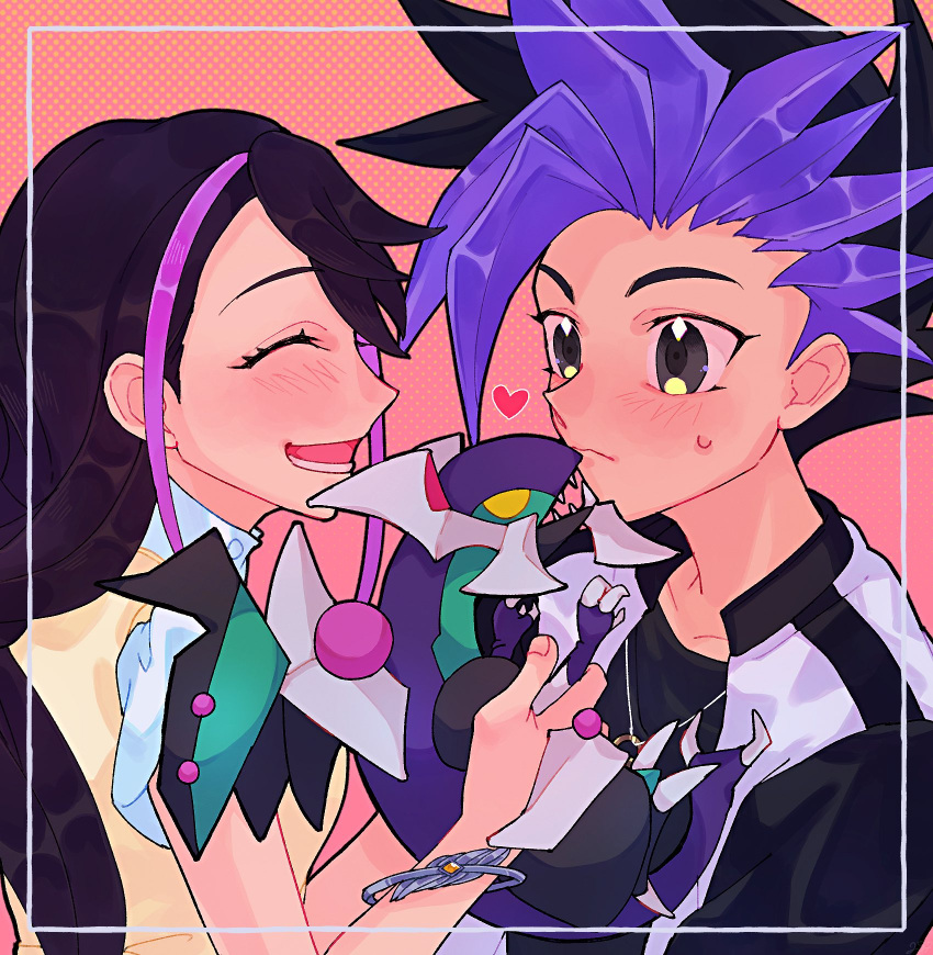 1boy, 1girl, 28grtm, belt, black_hair, black_jacket, black_pants, blue_eyes, blush, bracelet, breasts, brown_footwear, choker, couple, dark_rebellion_xyz_dragon, dragon, earrings, grey_skirt, hair_ornament, jacket, jewelry, kurosaki_ruri, lavender_eyes, lavender_hair, long_hair, long_sleeves, looking_away, male_focus, multicolored_hair, necktie, pants, purple_hair, short_sleeves, skirt, solo, spiky_hair, title, torn_jacket, traditional_media, two-tone_hair, very_long_hair, vest, yu-gi-oh!, yu-gi-oh!_arc-v, yuu-gi-ou, yuu-gi-ou_arc-v, yuuto_(yuu-gi-ou_arc-v)