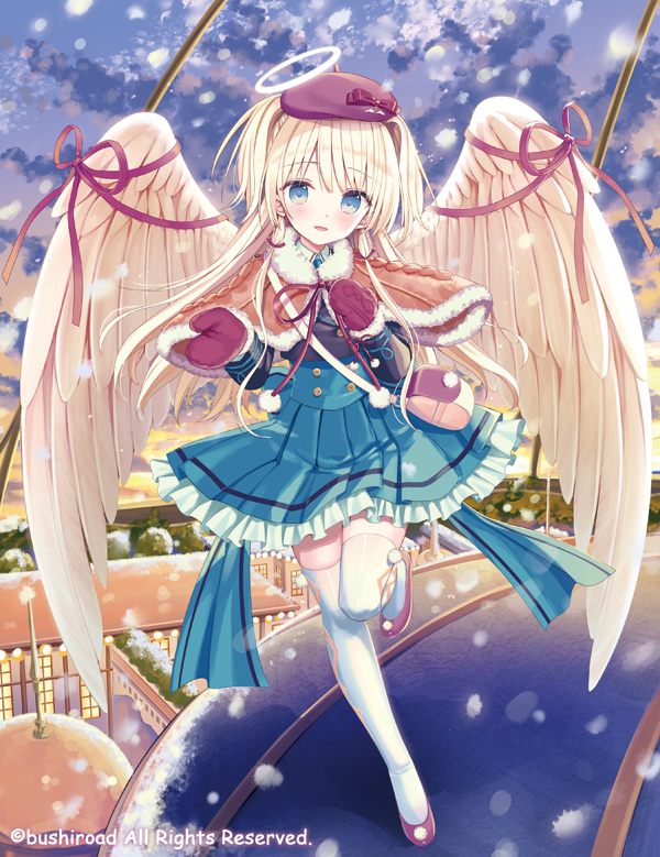1girl, bag, bangs, beret, black_jacket, blonde_hair, blue_eyes, blue_skirt, blush, brown_capelet, brown_wings, capelet, cardfight!!_vanguard, character_request, clouds, cloudy_sky, collared_shirt, commentary_request, eyebrows_visible_through_hair, feathered_wings, frilled_skirt, frills, full_body, fur-trimmed_capelet, fur-trimmed_sleeves, fur_trim, halo, hat, jacket, long_hair, looking_at_viewer, mittens, official_art, outdoors, parted_lips, pleated_skirt, purple_footwear, purple_headwear, purple_mittens, shirt, shoes, shoulder_bag, skirt, sky, smile, snow, solo, standing, standing_on_one_leg, sunset, thigh-highs, two_side_up, very_long_hair, white_legwear, white_shirt, wings, yuuki_rika
