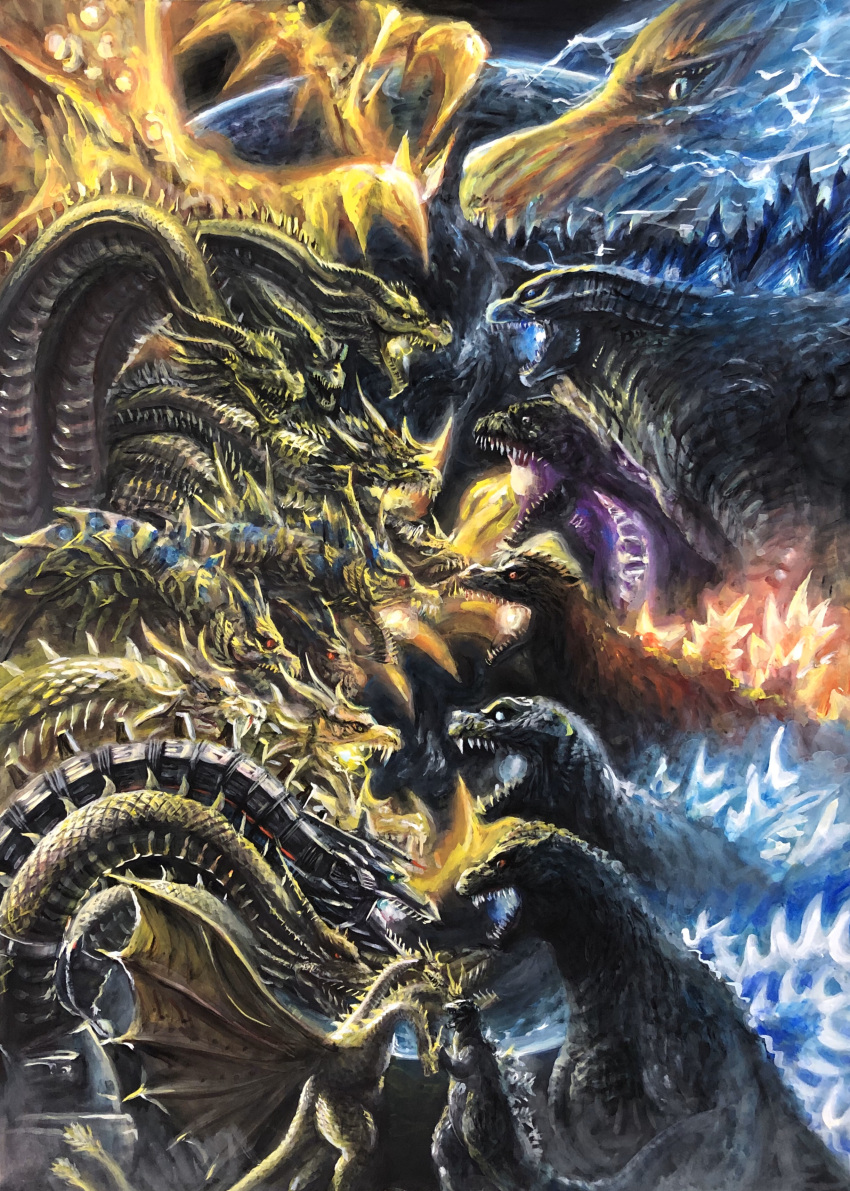 absurdres, commentary_request, dragon, dragon_horns, fangs, g.n.a, giant, giant_monster