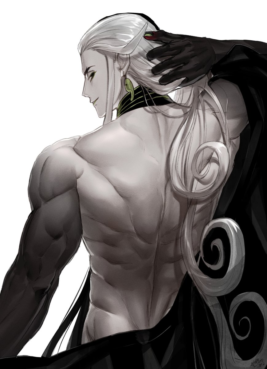 1boy, arms_behind_head, ashiya_douman_(fate), asymmetrical_hair, ayamatazu, black_eyes, black_hair, curly_hair