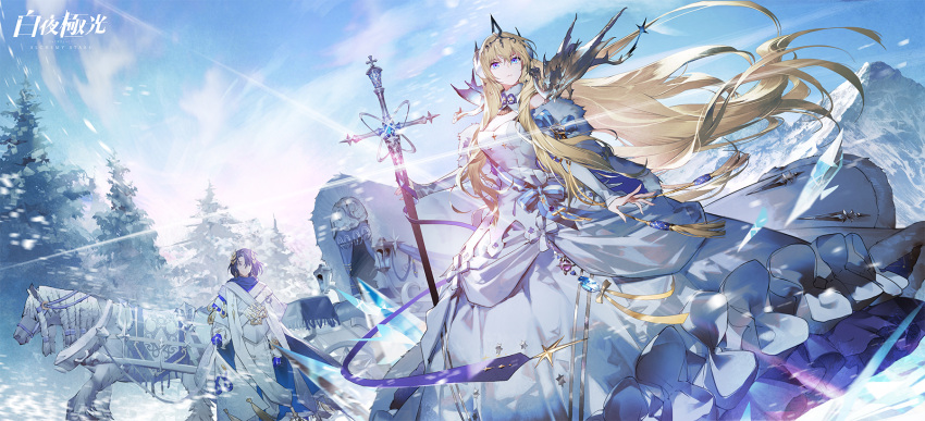 1boy, 1girl, alchemy_stars, bangs, bethlehem_(alchemy_stars), blonde_hair, blue_eyes, cape