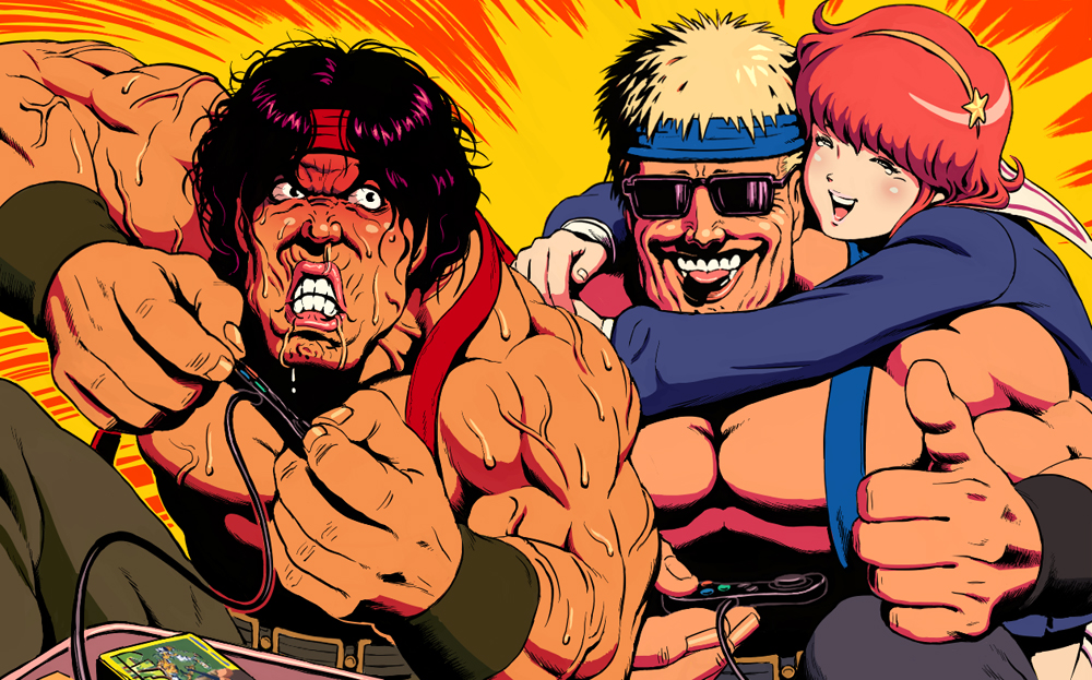 angry, asamiya_athena, clark_still, hairband, headband, ikari_(game), male, muscle, oldschool, playing_games, psycho_soldier, pycho_soldier, ralf_jones, sakkan, snk, sunglasses, thumbs_up, veins, video_game