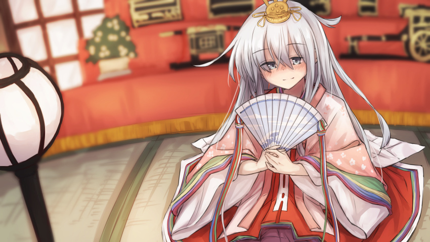 1girl, alternate_costume, blue_eyes, blush, closed_mouth, eyebrows_visible_through_hair, folding_fan, hair_between_eyes