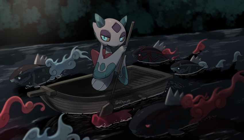basculegion, blue_eyes, boat, colored_sclera, commentary_request, fish, froslass, half-closed_eyes