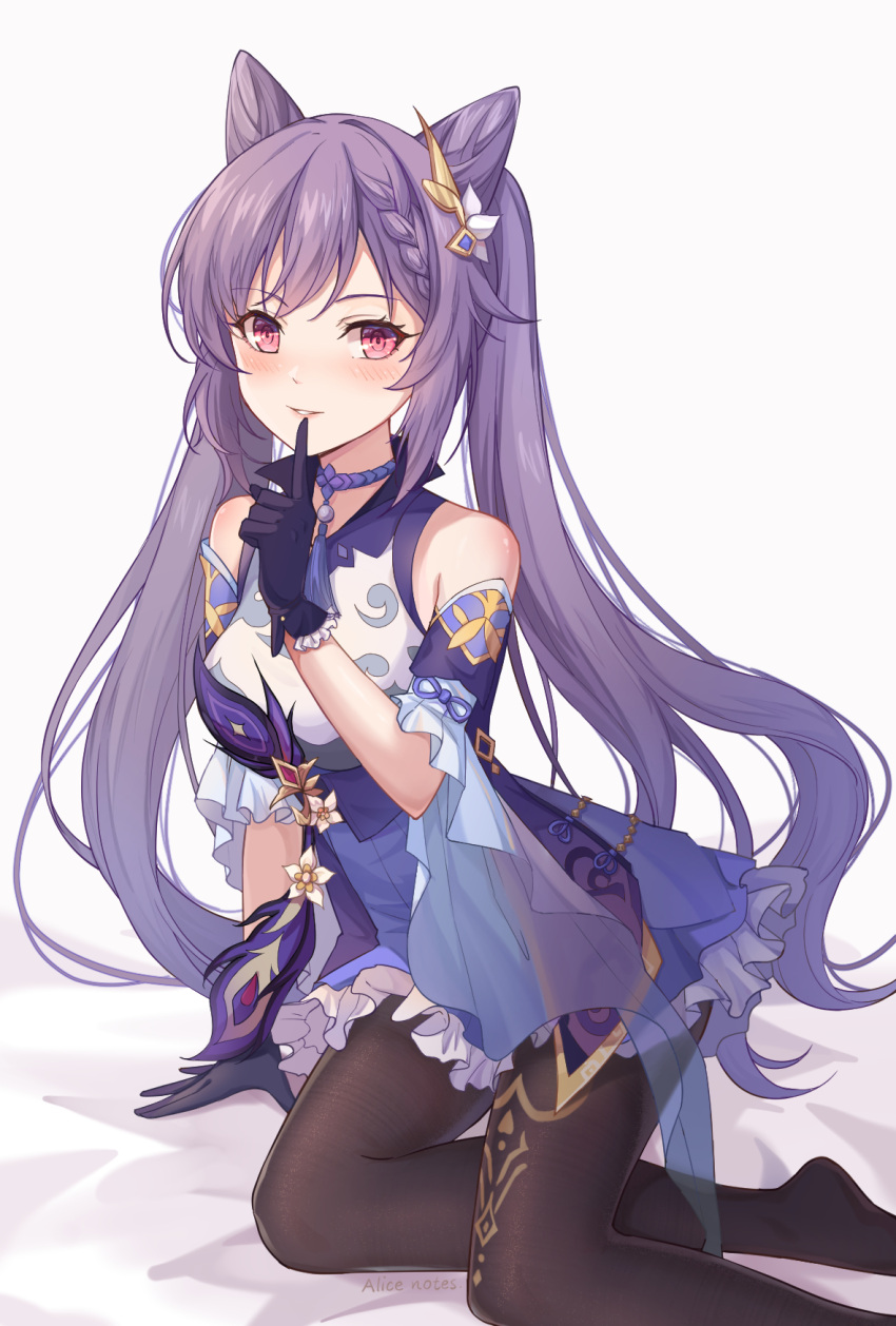 1girl, artist_name, bare_shoulders, black_gloves, black_legwear, blush, braid, breasts