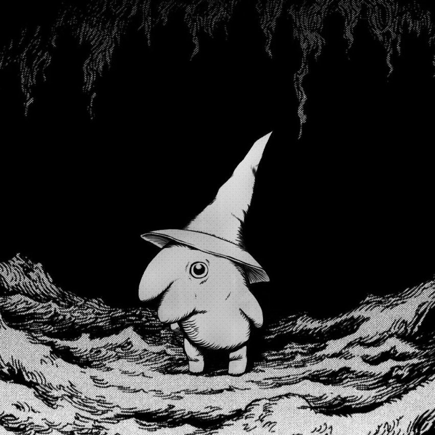 berserk, english_commentary, full_body, glep_(smiling_friends), greyscale, hat, looking_at_viewer, monochrome, opal_egg, smiling_friends, solo, standing, witch_hat