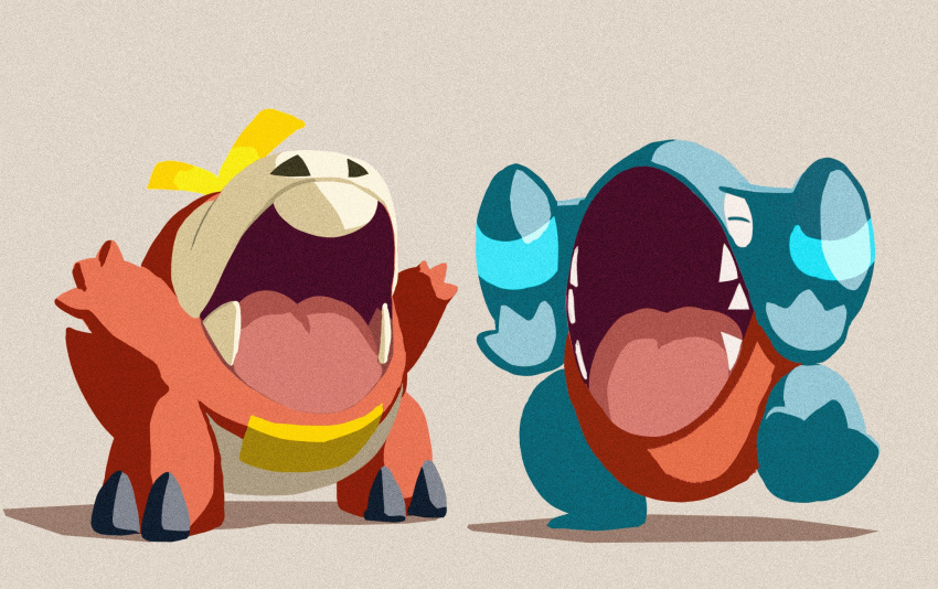 animal_focus, commentary_request, creature, fangs, fuecoco, gible, head_back, highres