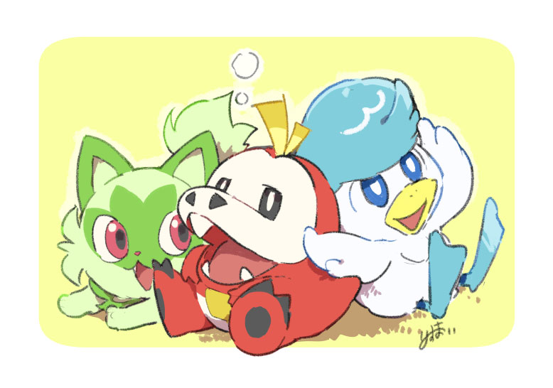 :d, black_eyes, blue_eyes, border, bright_pupils, bubble, commentary_request, fang