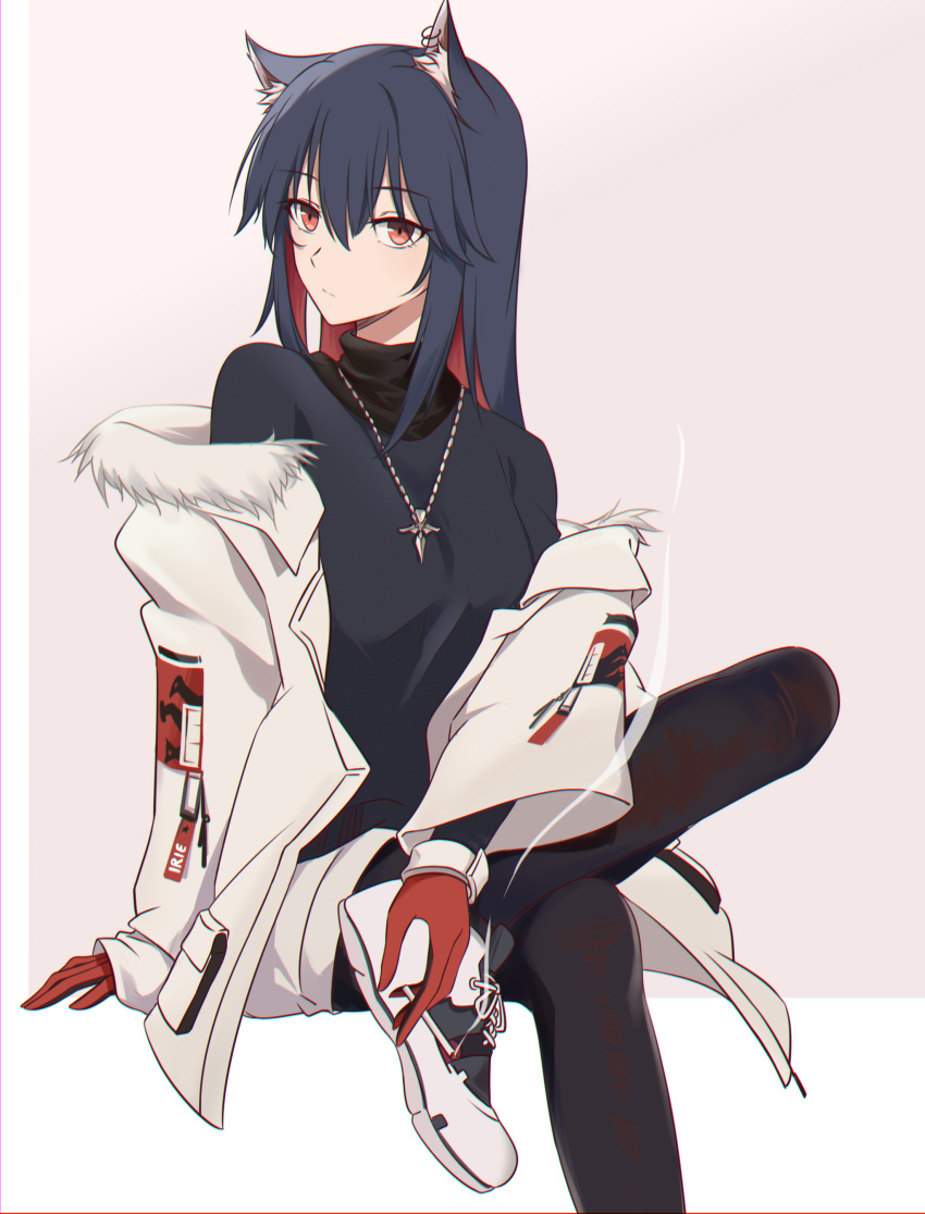 1girl, absurdres, animal_ears, arknights, black_hair, black_legwear, black_shirt, cigarette