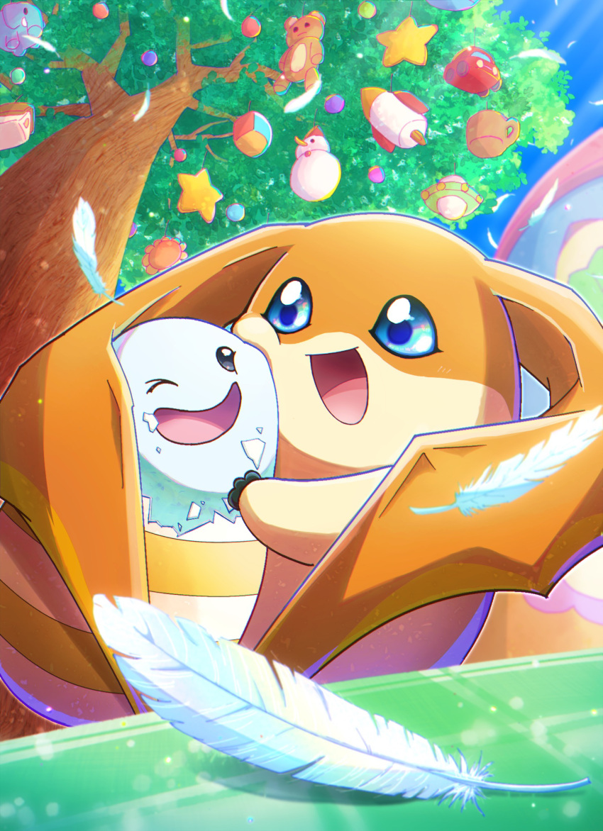:d, ;d, blue_eyes, car, cheek-to-cheek, commentary, cup, digimon, digimon_(creature), digimon_adventure, digimon_adventure_02, digiyuzu, feathers, flower, ground_vehicle, heads_together, highres, house, hug, looking_at_another, motor_vehicle, mug, no_humans, one_eye_closed, open_mouth, ornament, outdoors, patamon, rocket, sky, smile, snowman, star_(symbol), stuffed_animal, stuffed_toy, sunflower, teddy_bear, tree, ufo