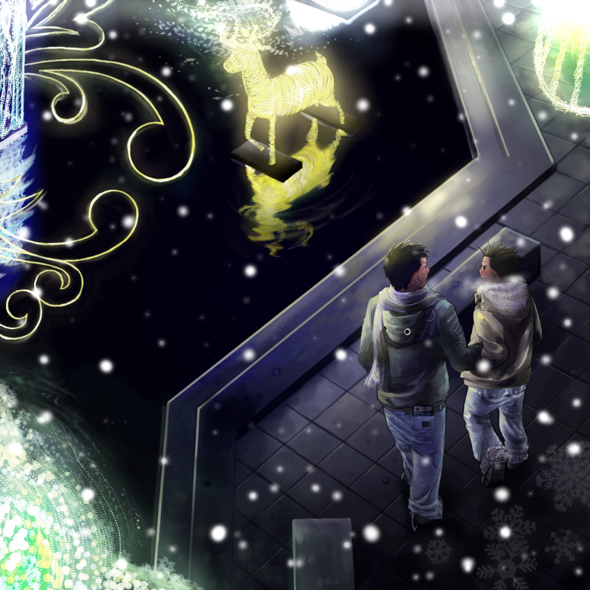 2boys, black_hair, breath, christmas, christmas_lights, commentary_request, denim, fountain, highres, hood, hooded_jacket, itto_(mentaiko), jacket, jeans, looking_at_another, male_focus, multiple_boys, overhead, pants, partial_commentary, reindeer, ripples, snowflakes, snowing, visible_air, walking