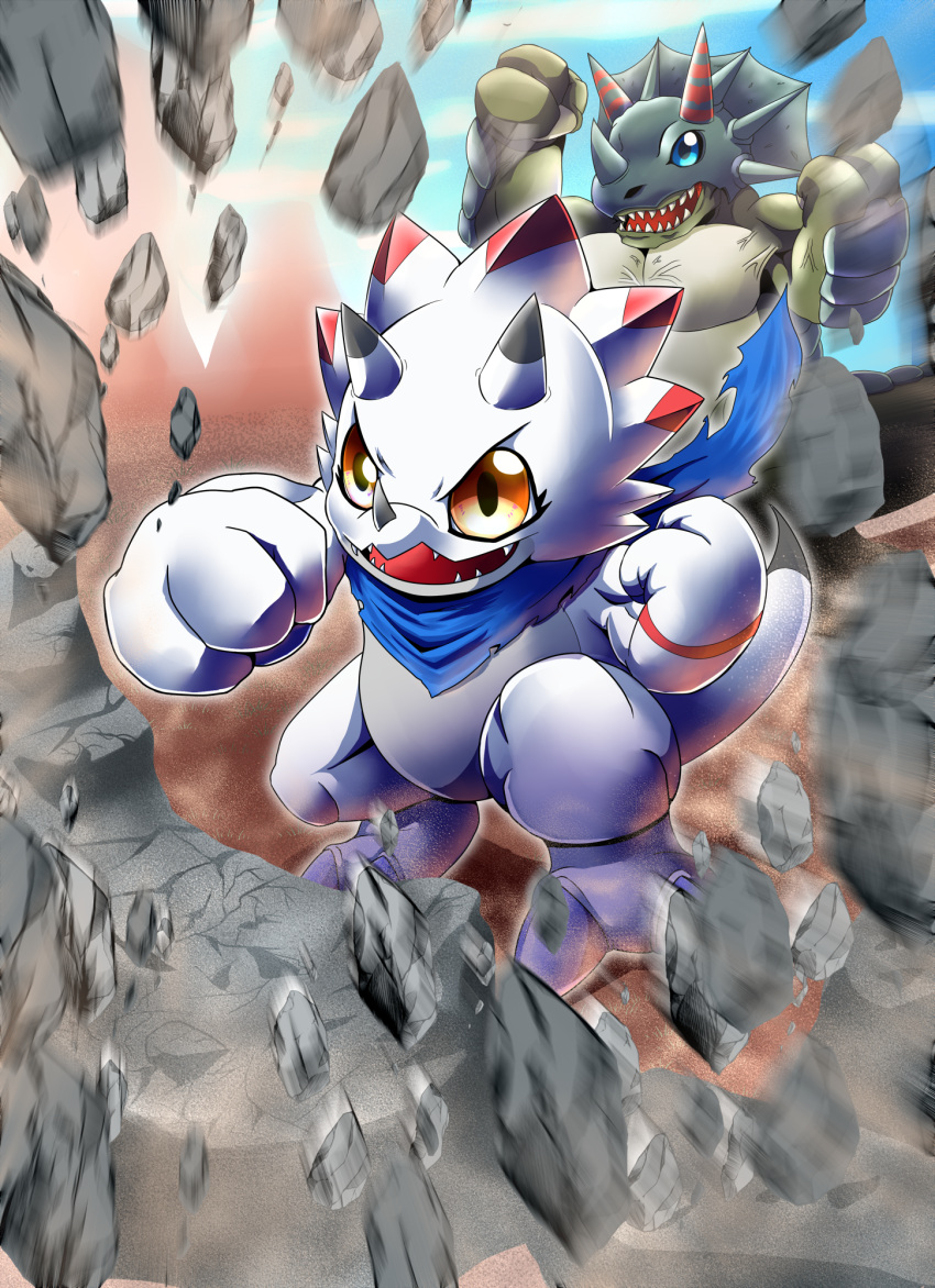 blue_eyes, blue_scarf, blurry, blurry_foreground, breaking, clenched_hands, commentary, debris, digimon, digimon_(creature), digimon_ghost_game, gammamon, gerukizoku, highres, horns, legs_apart, no_humans, open_mouth, red_eyes, rock, scarf, sharp_teeth, standing, teeth, v-shaped_eyebrows, veins, yellow_eyes