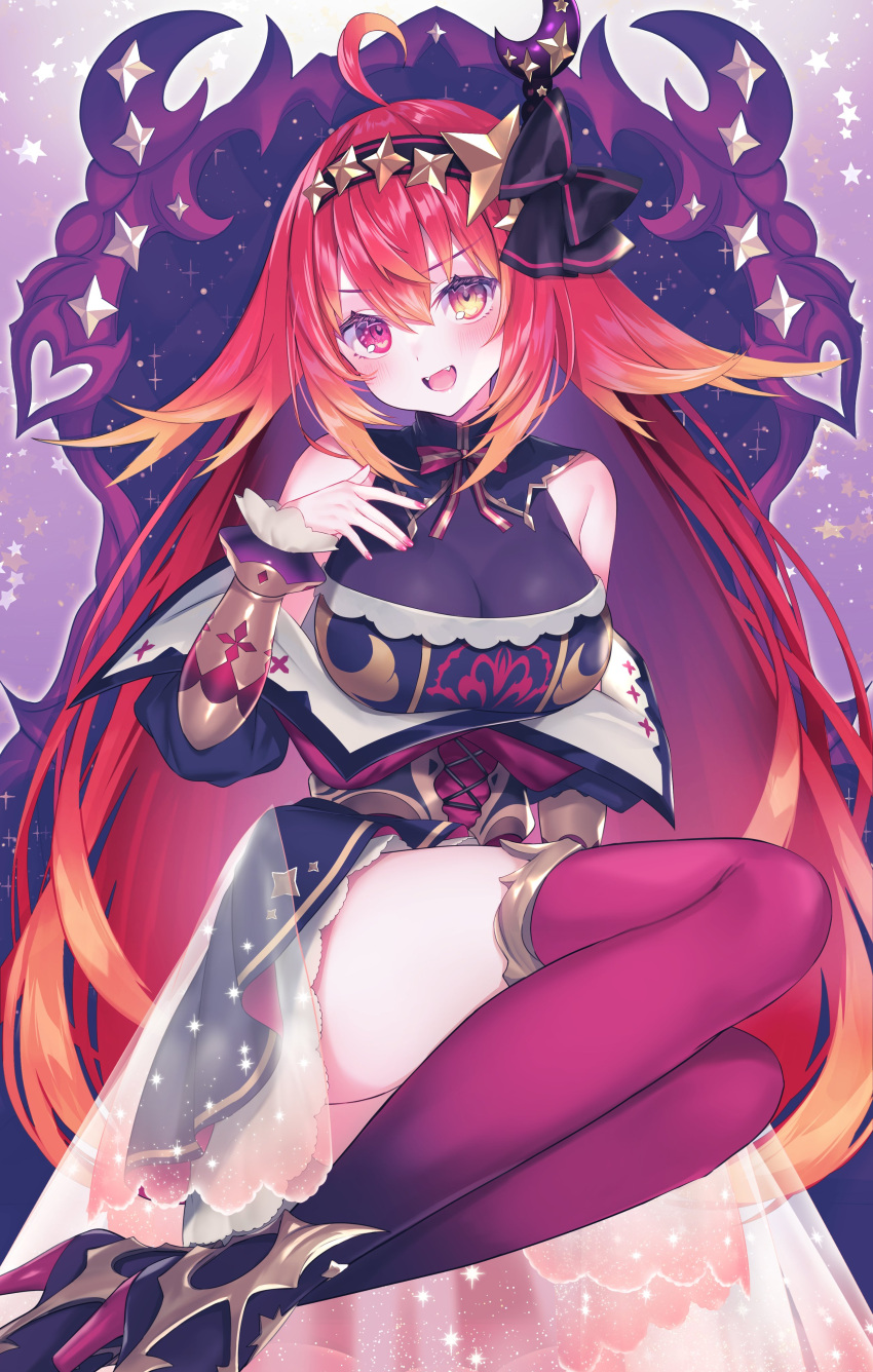 1girl, absurdres, ahoge, asymmetrical_legwear, baibato, bow, bowtie, breasts, clothing_cutout, dress, fang, gold_trim, hairband, hand_on_own_chest, heterochromia, high_heels, highres, hiiro_kanon, large_breasts, legs_up, long_hair, moon_(ornament), multicolored_hair, official_art, open_mouth, orange_hair, red_eyes, red_legwear, redhead, see-through, short_dress, shoulder_cutout, sitting, smile, solo, star_(symbol), suzuho_hotaru, thigh-highs, train_(clothing), virtual_youtuber, yellow_eyes, zettai_ryouiki