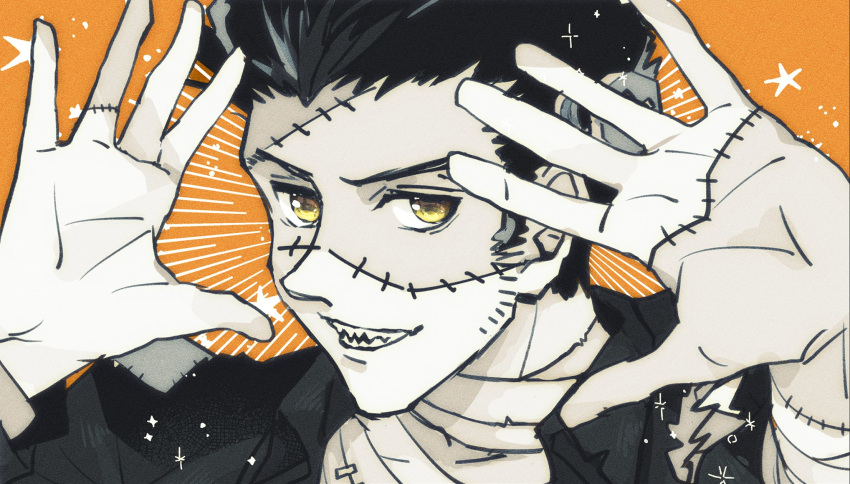 1boy, black_hair, cosplay, frankenstein's_monster, frankenstein's_monster_(cosplay), grin, halloween_costume, hand_up