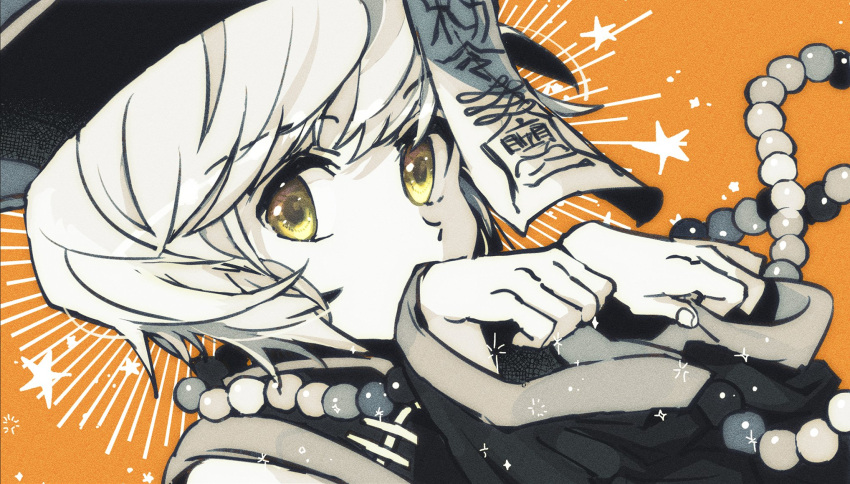 1boy, bead_necklace, beads, halloween_costume, hands_up, hat, highres, hunter_x_hunter
