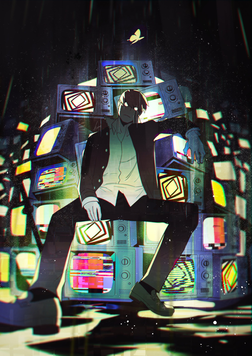 1boy, absurdres, arm_rest, bangs, blank_eyes, btmr_game, bug, butterfly, closed_mouth, color_bars, full_body, glowing, glowing_eyes, hair_between_eyes, high_collar, highres, jacket, long_sleeves, male_focus, narukami_yuu, open_clothes, open_jacket, pants, persona, persona_4, school_uniform, shirt, sitting, solo, television, yasogami_school_uniform
