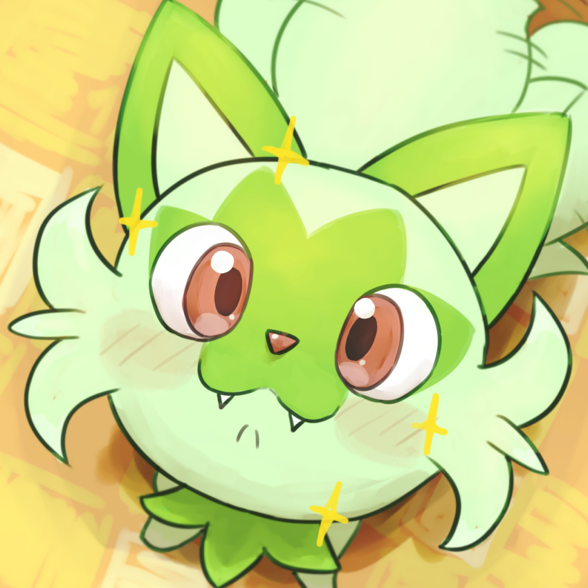 :3, blush, brown_eyes, closed_mouth, commentary_request, fangs, fangs_out, from_above