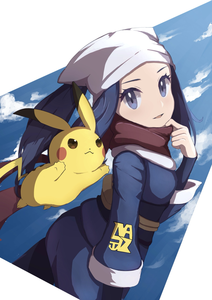 1girl, akari_(pokemon), black_hair, black_legwear, black_sash, blue_jacket, blue_skirt, commentary_request, eyelashes, floating_scarf, grey_eyes, hand_up, head_scarf, highres, jacket, logo, long_hair, looking_at_viewer, looking_to_the_side, pantyhose, pikachu, pokemon, pokemon_(creature), pokemon_(game), pokemon_legends:_arceus, red_scarf, roka_(o-yasumi), sash, scarf, sidelocks, skirt, smile, white_headwear