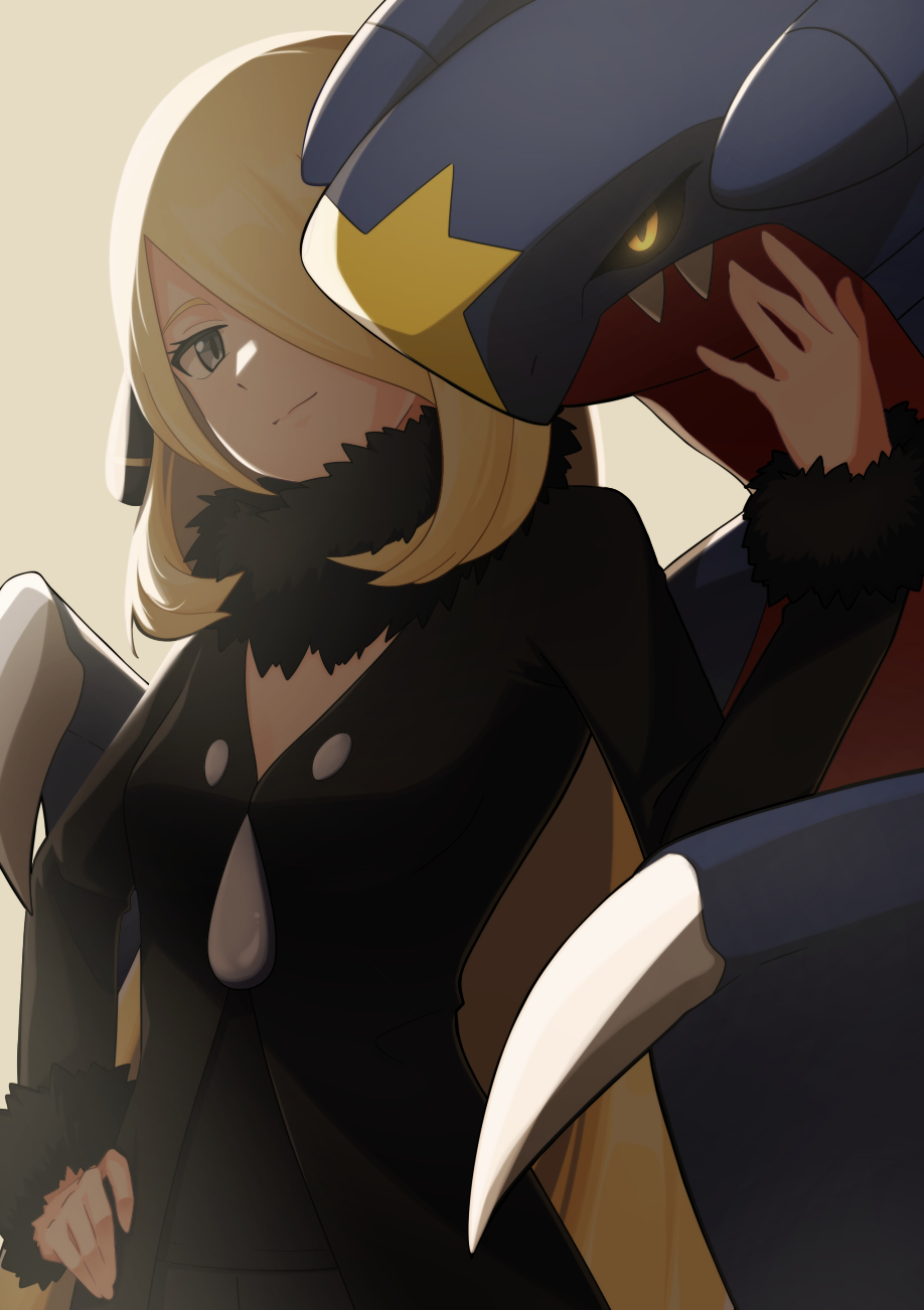 1girl, anmitu611, black_coat, black_sclera, blonde_hair, claws, closed_mouth, coat, colored_sclera, commentary_request, cynthia_(pokemon), eyelashes, fur-trimmed_coat, fur_collar, fur_trim, garchomp, glowing, glowing_eyes, grey_eyes, hair_over_one_eye, hand_up, highres, long_hair, long_sleeves, pokemon, pokemon_(creature), pokemon_(game), pokemon_dppt, smile, yellow_eyes