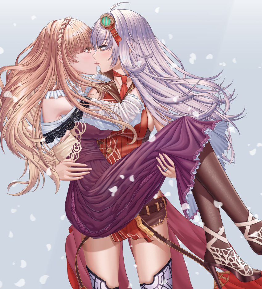 2girls, absurdres, arnas_(yoru_no_nai_kuni), breasts, carrying, couple, dress, frilled_dress