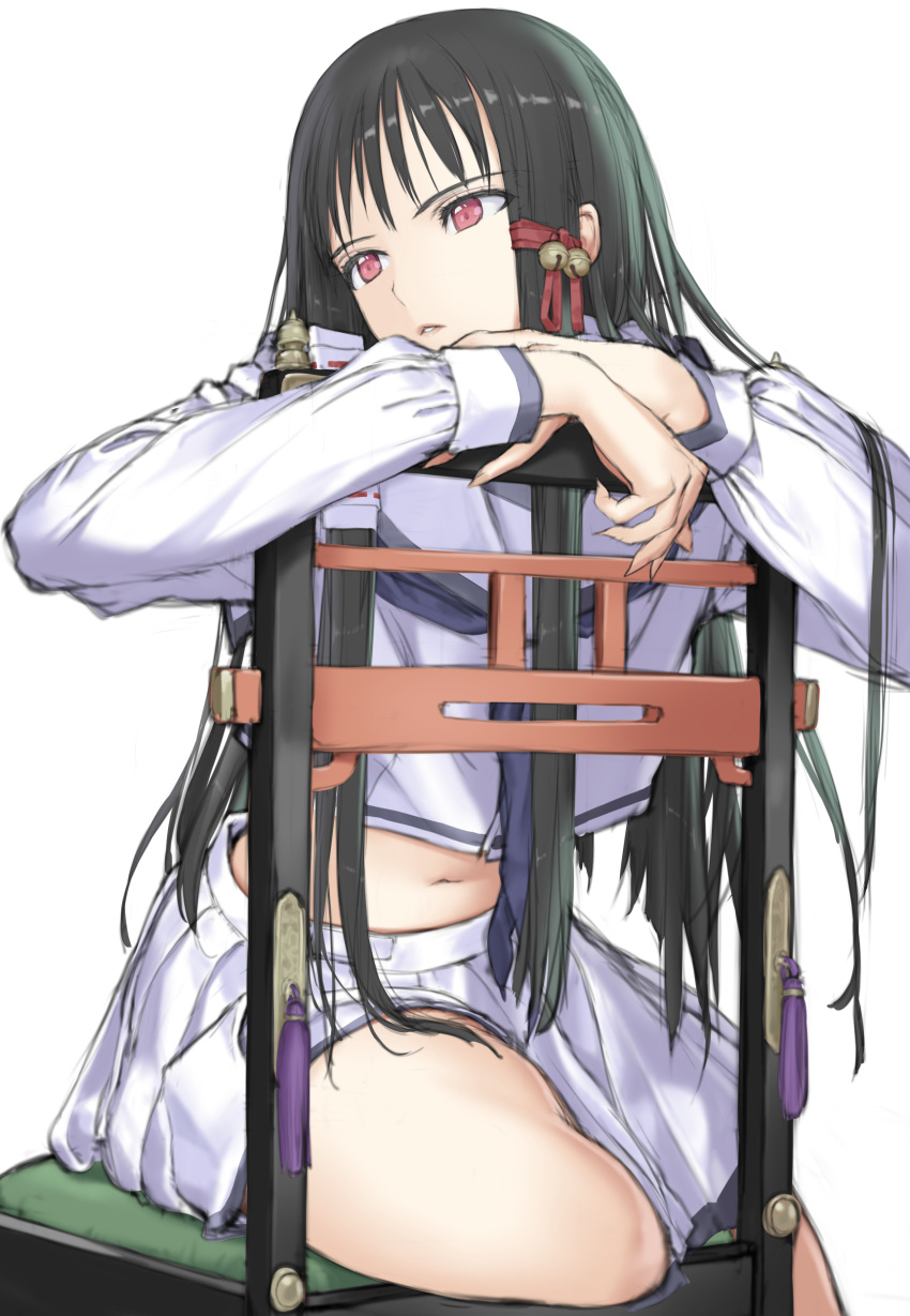 1girl, absurdres, bangs, bare_legs, bell, black_hair, chair, hair_bell
