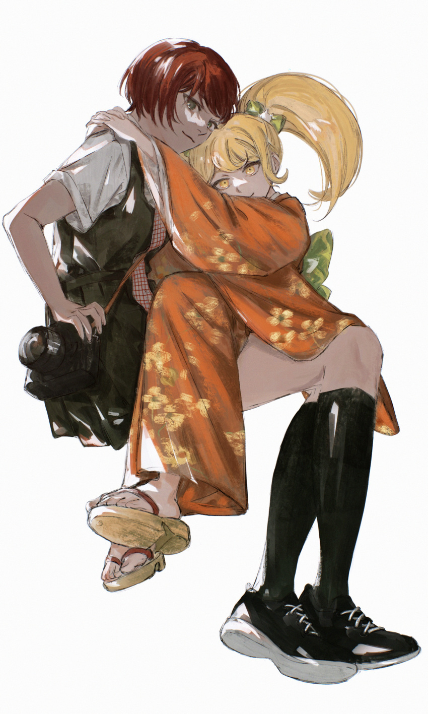 0229661, 2girls, absurdres, bangs, blonde_hair, bow, camera, cat_hair_ornament