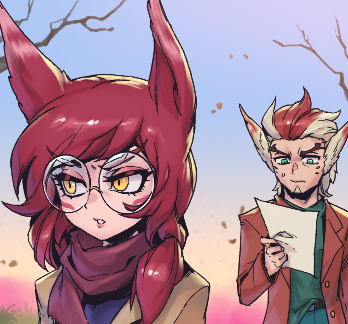1boy, 1girl, alternate_costume, autumn, bare_tree, bespectacled, blonde_hair, brown_jacket