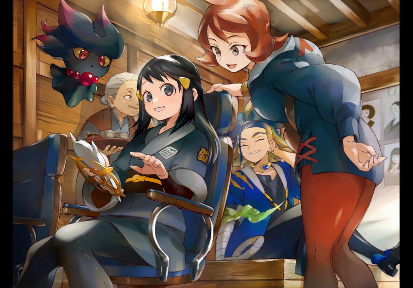 1boy, 3girls, adaman_(pokemon), akari_(pokemon), arc_phone, arezu_(pokemon), black_hair, black_sash