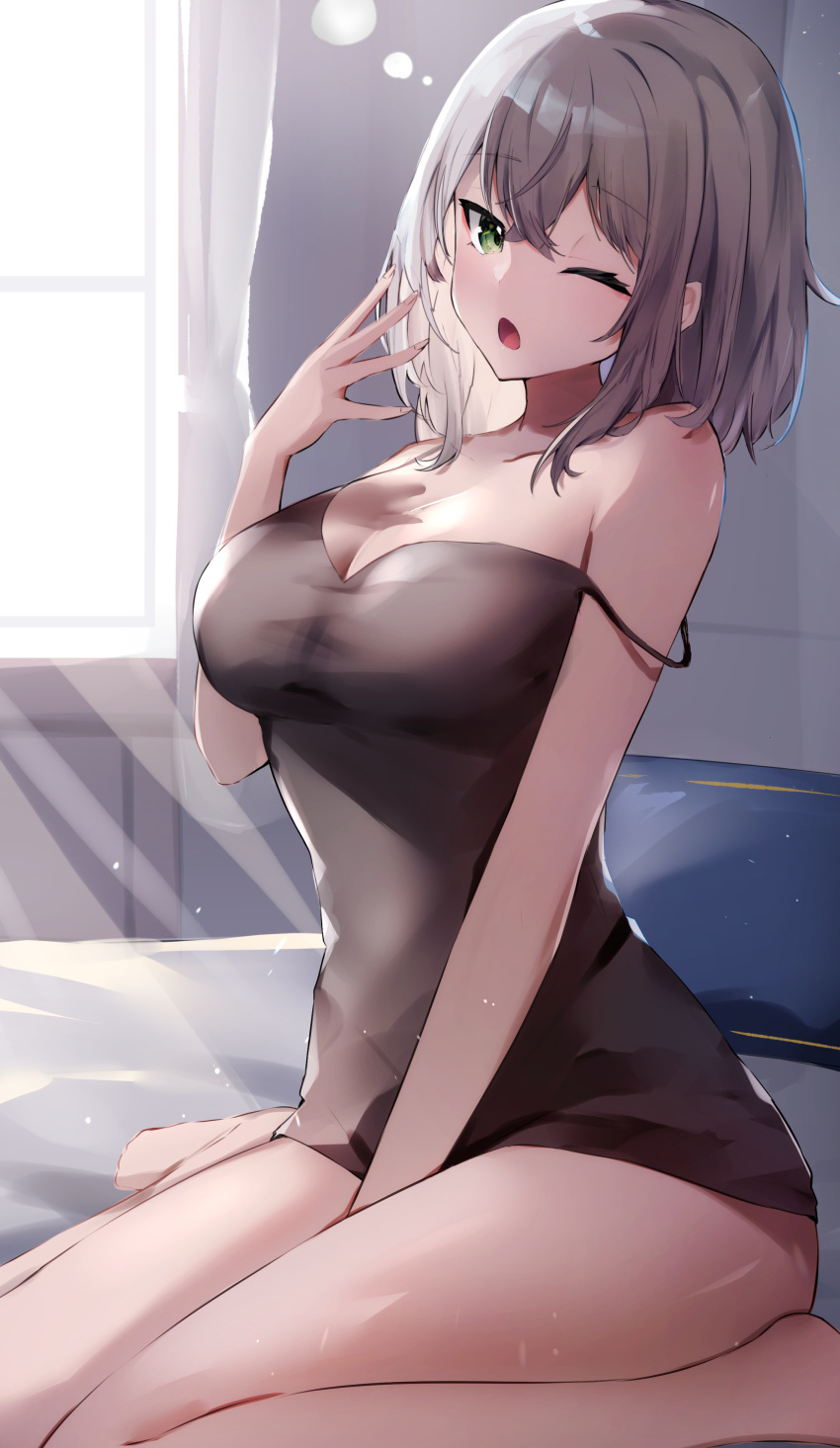 1girl, absurdres, bangs, bare_legs, between_legs, black_dress, breasts, commentary_request