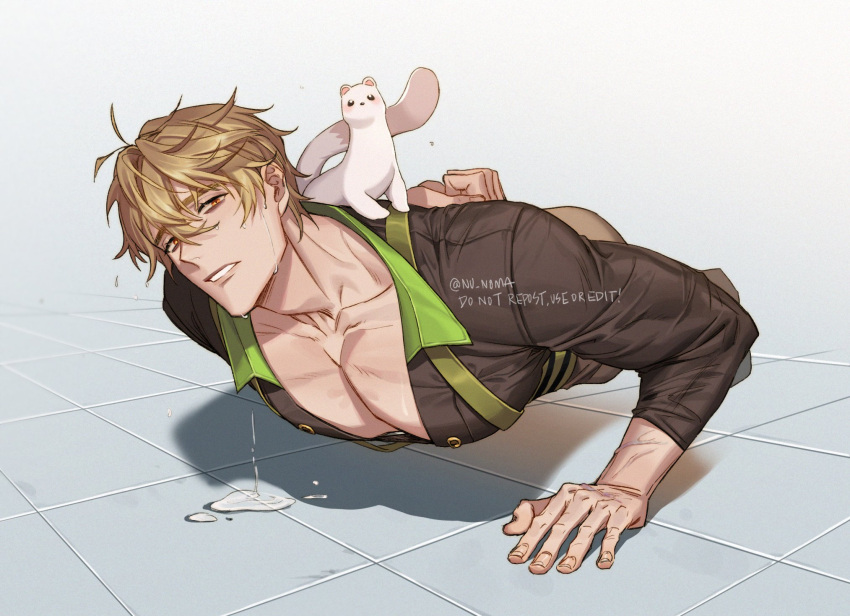 1boy, blonde_hair, drooling, exercise, highres, male_focus, nu_carnival, orange_eyes, pectoral_cleavage, pectorals, pet, puddle, push-ups, quincy_(nu_carnival), sweat