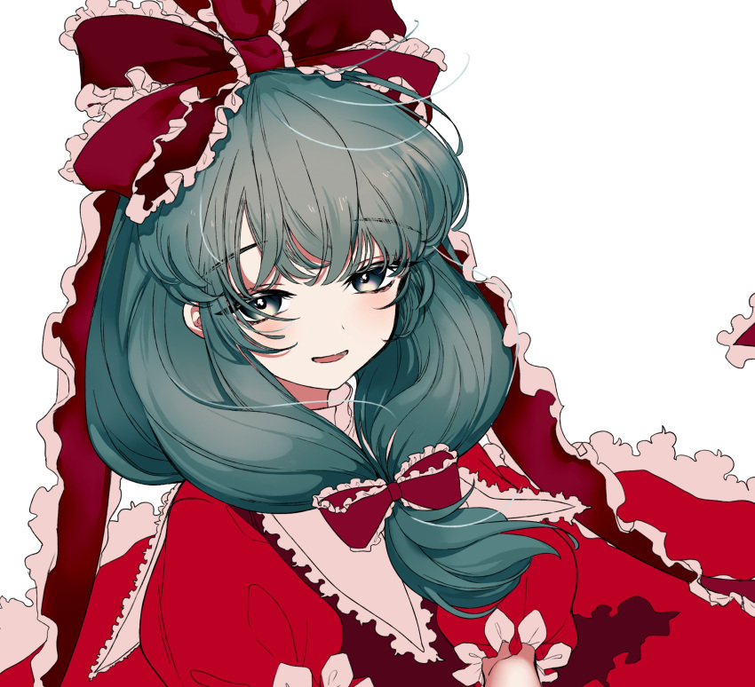 1girl, bangs, bow, dress, eyebrows_visible_through_hair, frilled_dress, frilled_ribbon, frills, front_ponytail, green_eyes, green_hair, hair_bow, hair_ornament, hair_ribbon, highres, kagiyama_hina, long_dress, long_hair, looking_at_viewer, open_mouth, red_dress, red_ribbon, ribbon, ryuuta_(akatukiryoka), smile, solo, touhou