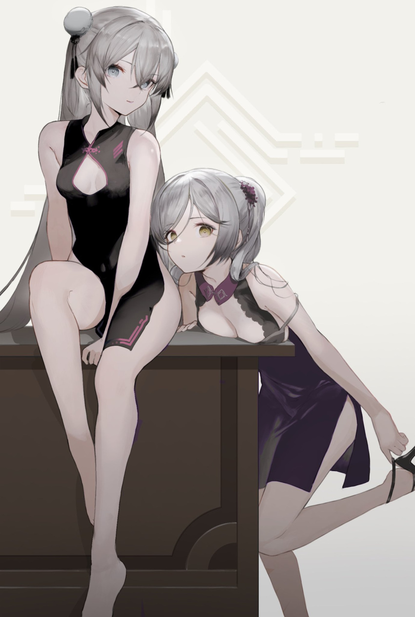2girls, abstract_background, anths, bare_shoulders, barefoot, between_legs, blue_eyes, breast_press