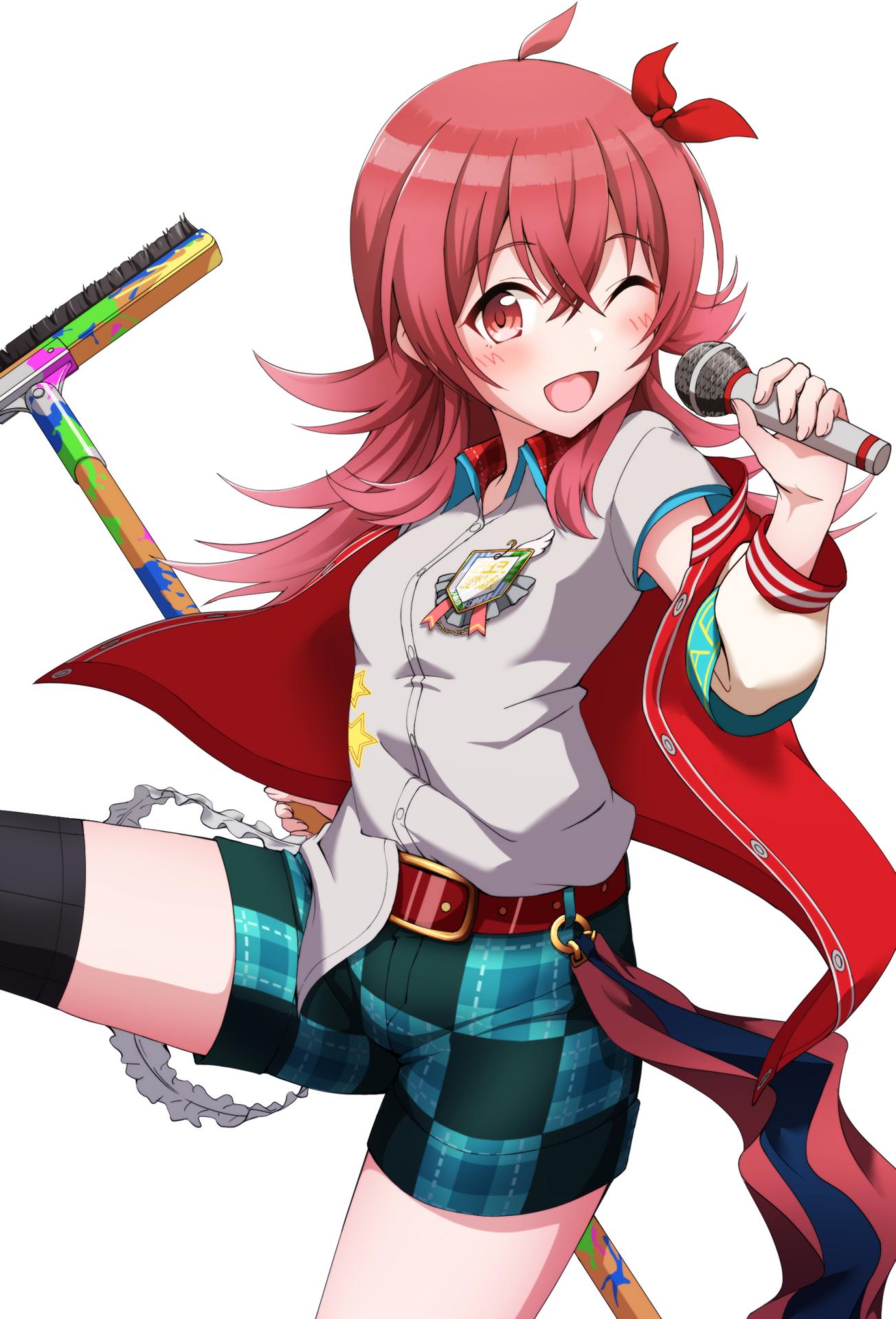 ahoge, armband, bangs, belt, black_legwear, blush, breasts, broom, checkered_shorts, commentary_request, daidaiiro, eyebrows_visible_through_hair, green_shorts, grey_shirt, hair_between_eyes, hair_ribbon, highres, holding, holding_broom, holding_microphone, idolmaster, idolmaster_shiny_colors, jacket, komiya_kaho, long_sleeves, looking_at_viewer, medium_breasts, microphone, multicolored_clothes, one_eye_closed, red_eyes, red_jacket, redhead, ribbon, safety_pin, shirt, short_sleeves, shorts, single_thighhigh, smile, solo, thigh-highs, thighs, white_background