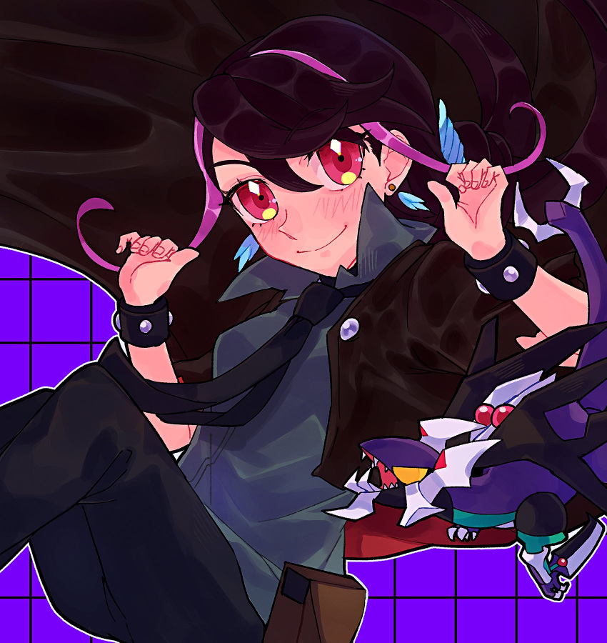 1girl, 28grtm, :d, bangs, bare_arms, belt, black_hair, blue_feathers, blush, bracelet, breasts, cosplay, dark_rebellion_xyz_dragon, day, dragon, earrings, eyebrows_visible_through_hair, feather_earrings, feathers, hair_between_eyes, jacket, jewelry, kurosaki_ruri, long_hair, medium_breasts, multicolored_hair, open_mouth, outdoors, pink_hair, purple_hair, red_eyes, shiny, shiny_hair, sidelocks, sleeveless, sleeveless_jacket, smile, solo, standing, two-tone_hair, upper_body, very_long_hair, white_jacket, yu-gi-oh!, yu-gi-oh!_arc-v, yuu-gi-ou, yuu-gi-ou_arc-v, zipper