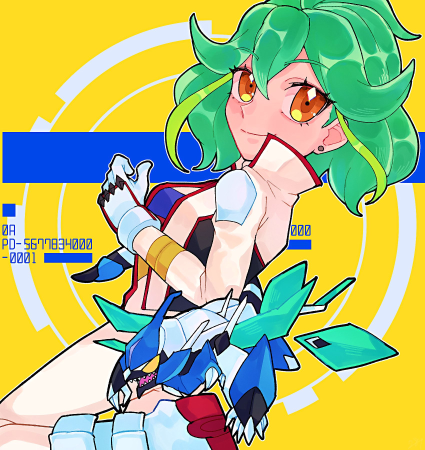 1girl, 28grtm, :d, bangs, belt, black_choker, blue_jacket, bracelet