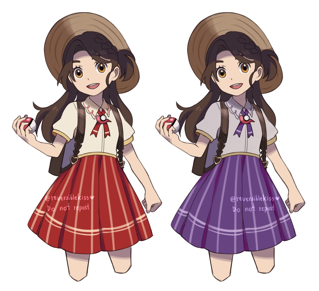 1girl, :d, adapted_costume, backpack, bag, bangs, brown_bag, brown_eyes, brown_hair, brown_headwear, commentary, eyelashes, female_protagonist_(pokemon_sv), hat, holding, holding_poke_ball, long_hair, multiple_views, neck_ribbon, open_mouth, poke_ball, poke_ball_(basic), pokemon, pokemon_(game), pokemon_sv, purple_ribbon, purple_skirt, red_ribbon, red_skirt, reversiblekiss, ribbon, shirt, short_sleeves, simple_background, skirt, smile, teeth, tongue, twitter_username, upper_teeth, watermark, white_background
