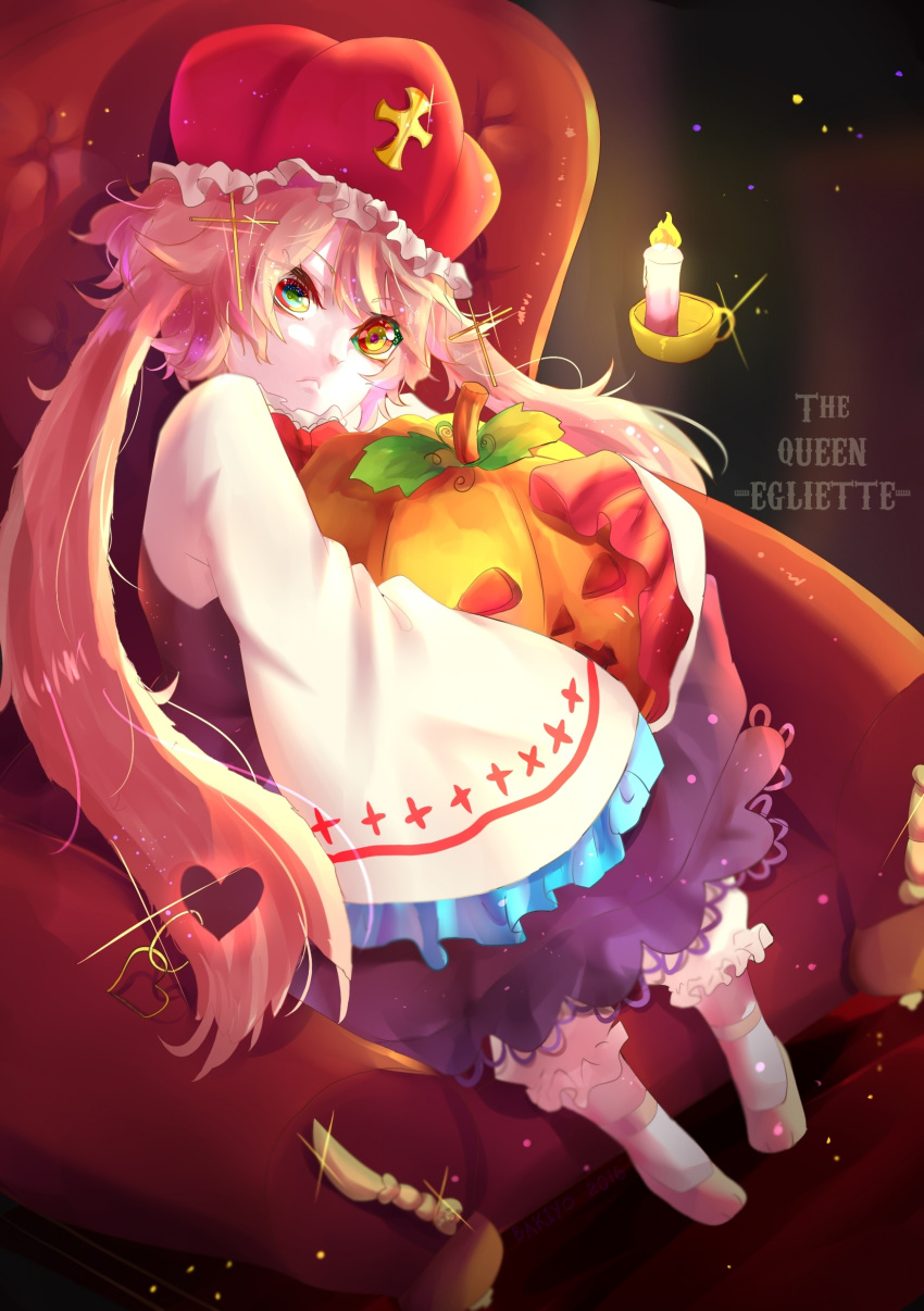 1girl, absurdres, bakiyo, blue_eyes, candle, crown, drawing, egliette, green_eyes, heterochromia, highres, jack-o'-lantern, long_hair, looking_at_viewer, multicolored_eyes, object_hug, pale_skin, pink_hair, pocket_mirror, pumpkin, queen, red_eyes, twintails, yellow_eyes
