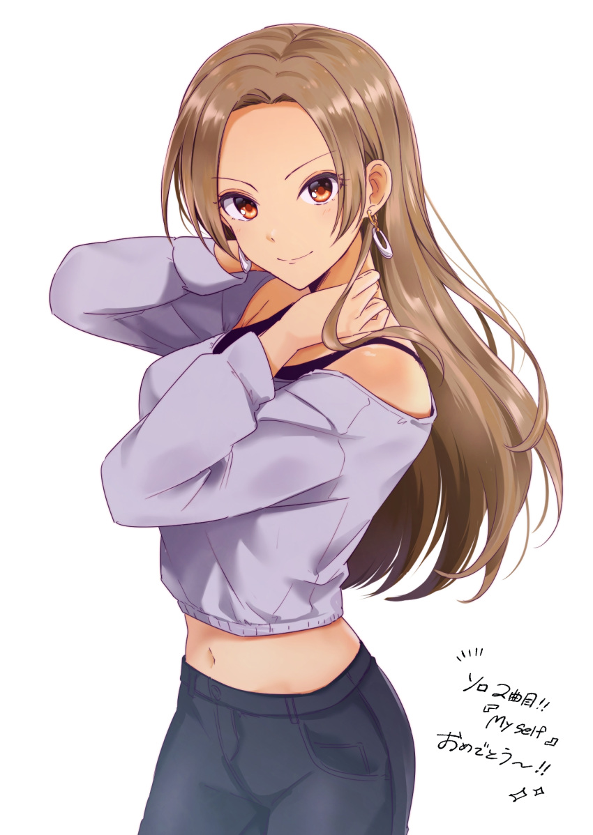 1girl, ayame_iro_(toumei_dolce), bangs, black_straps, brown_hair, crop_top, denim, earrings