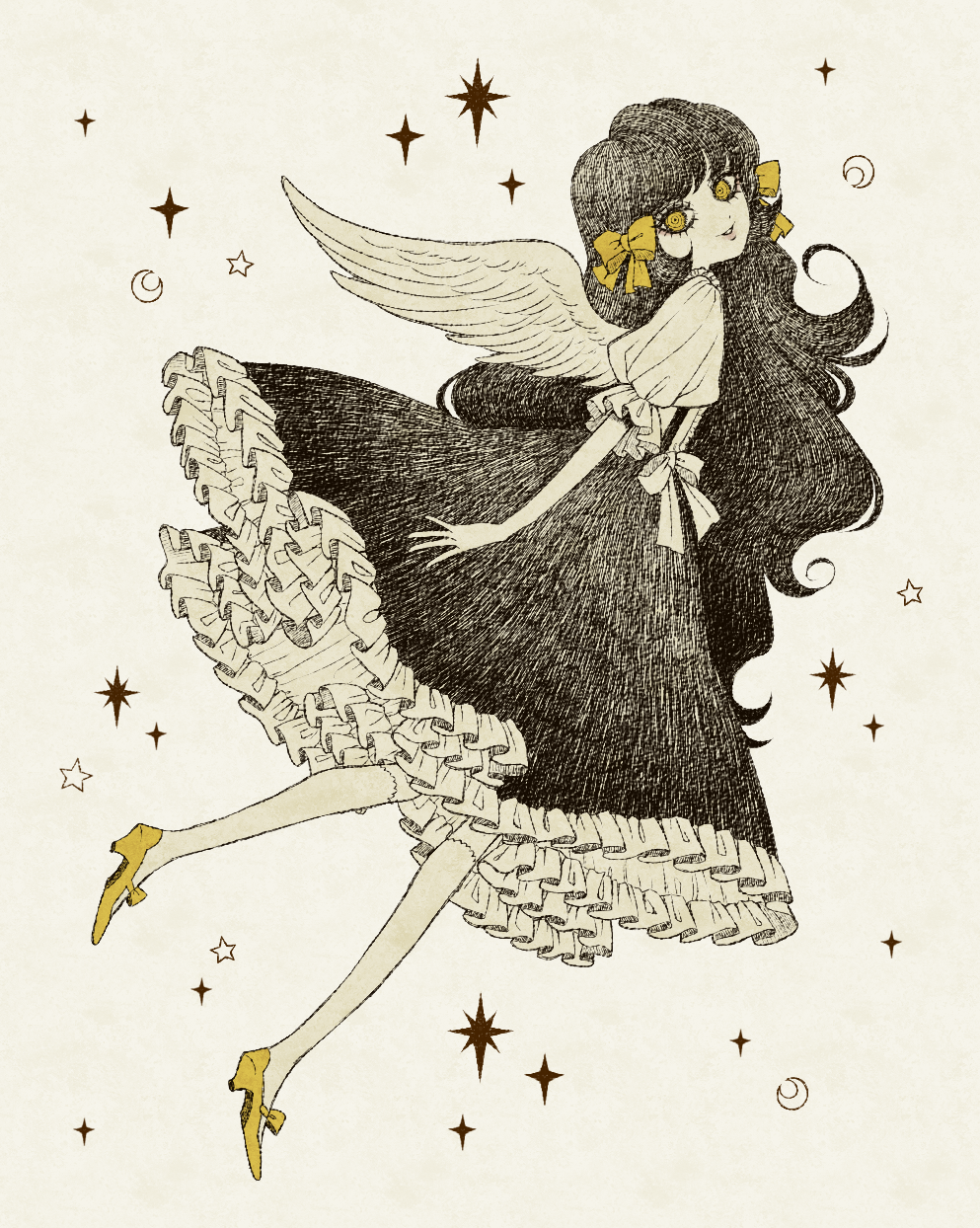 1girl, black_hair, black_skirt, bow, eleanor_(ohmyeleanor), enjel, full_body, hair_bow