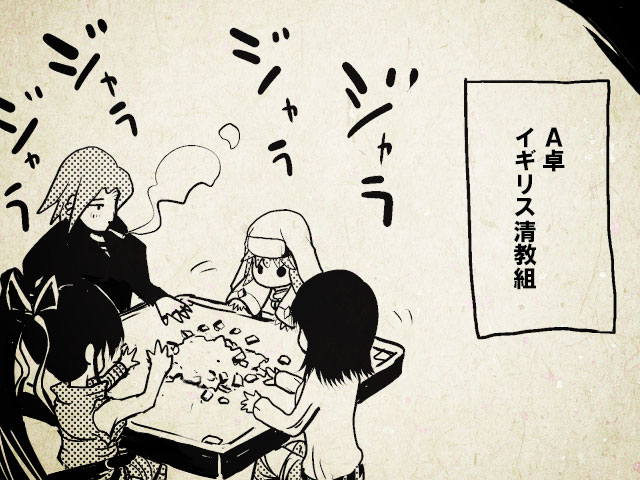 asymmetrical_clothing, cepia, cigarette, index, itsuwa, kanzaki_kaori, long_hair, mahjong, nun, ribbon, short_hair, smoke, stiyl_magnus, to_aru_majutsu_no_index, very_long_hair