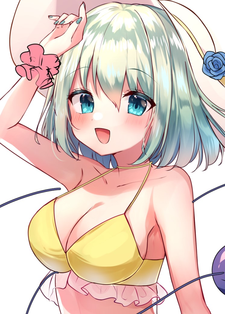 1girl, arm_up, bangs, bare_shoulders, bikini, blue_eyes, blue_flower, blue_rose