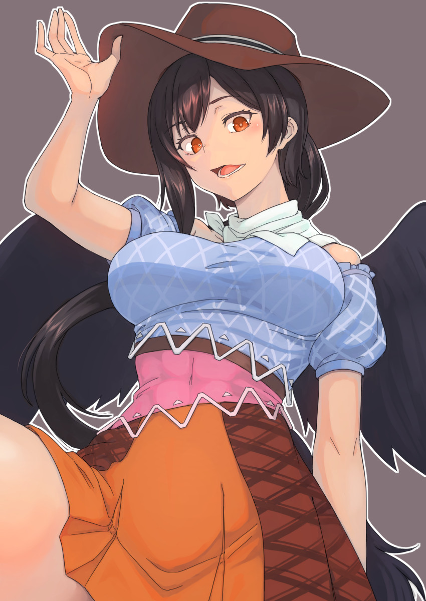 1girl, arm_up, bangs, bare_shoulders, black_hair, black_wings, blue_shirt, breasts