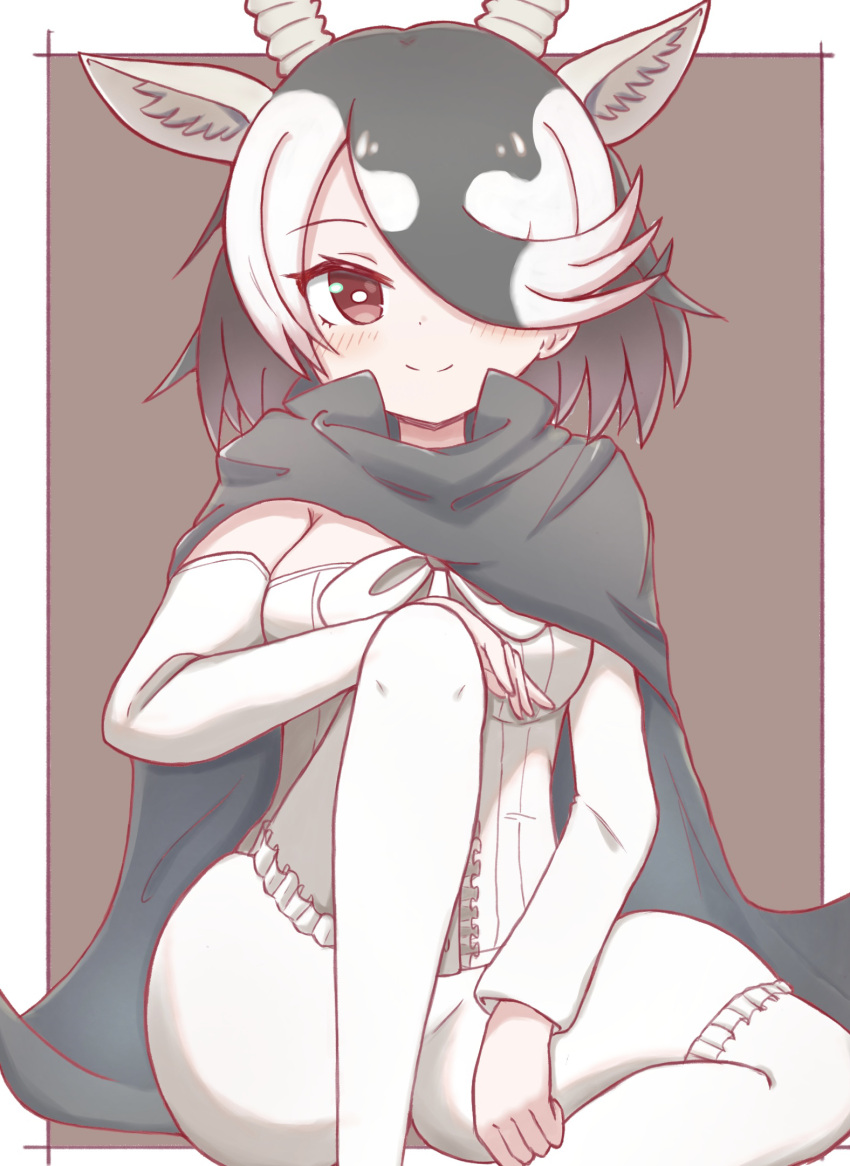 1girl, antelope_ears, antelope_horns, bare_shoulders, black_cape, black_hair, blackbuck_(kemono_friends), blush